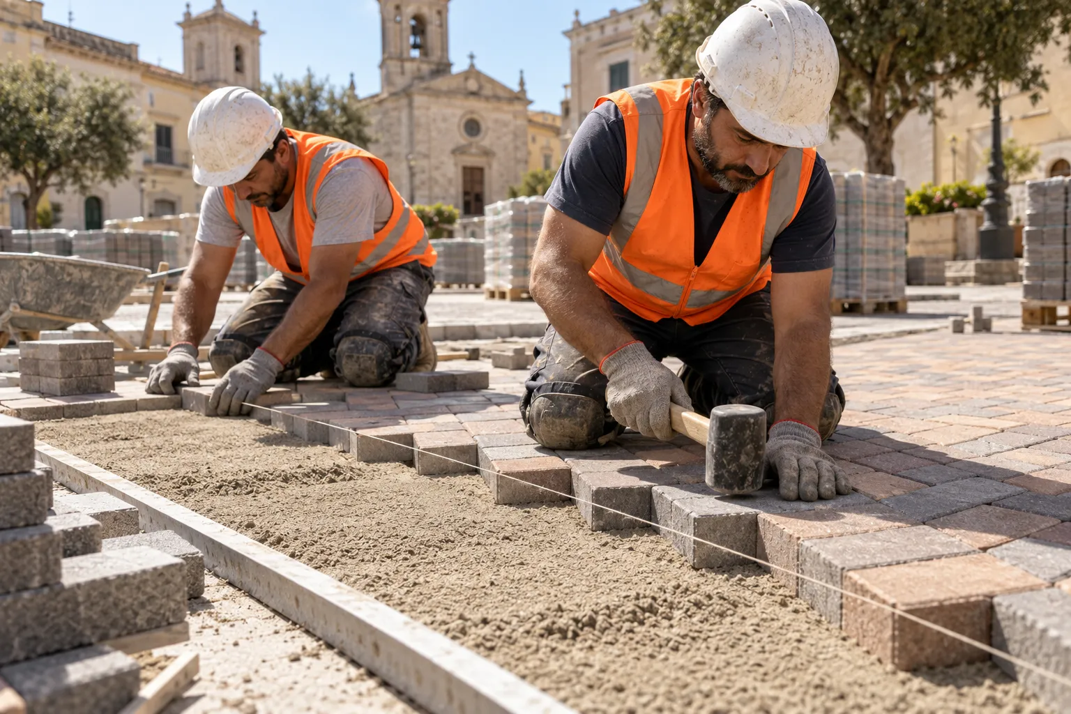 Squadra di posa al lavoro su una pavimentazione in masselli autobloccanti