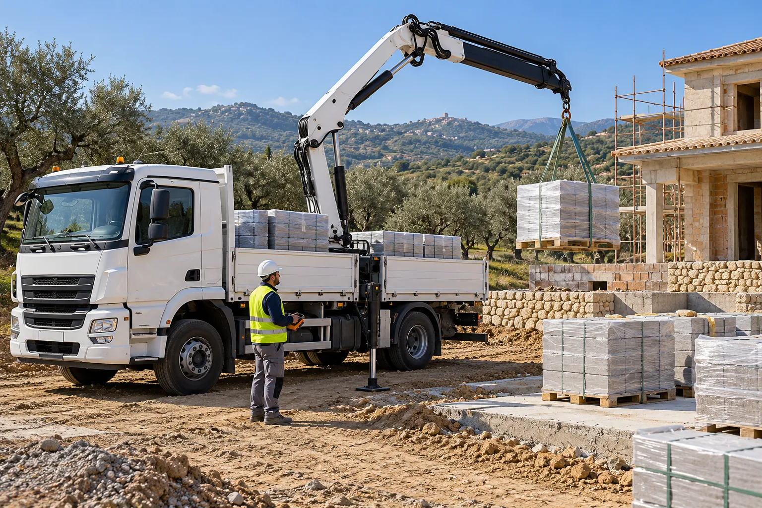 Scarico dei bancali di masselli in cantiere con autogru